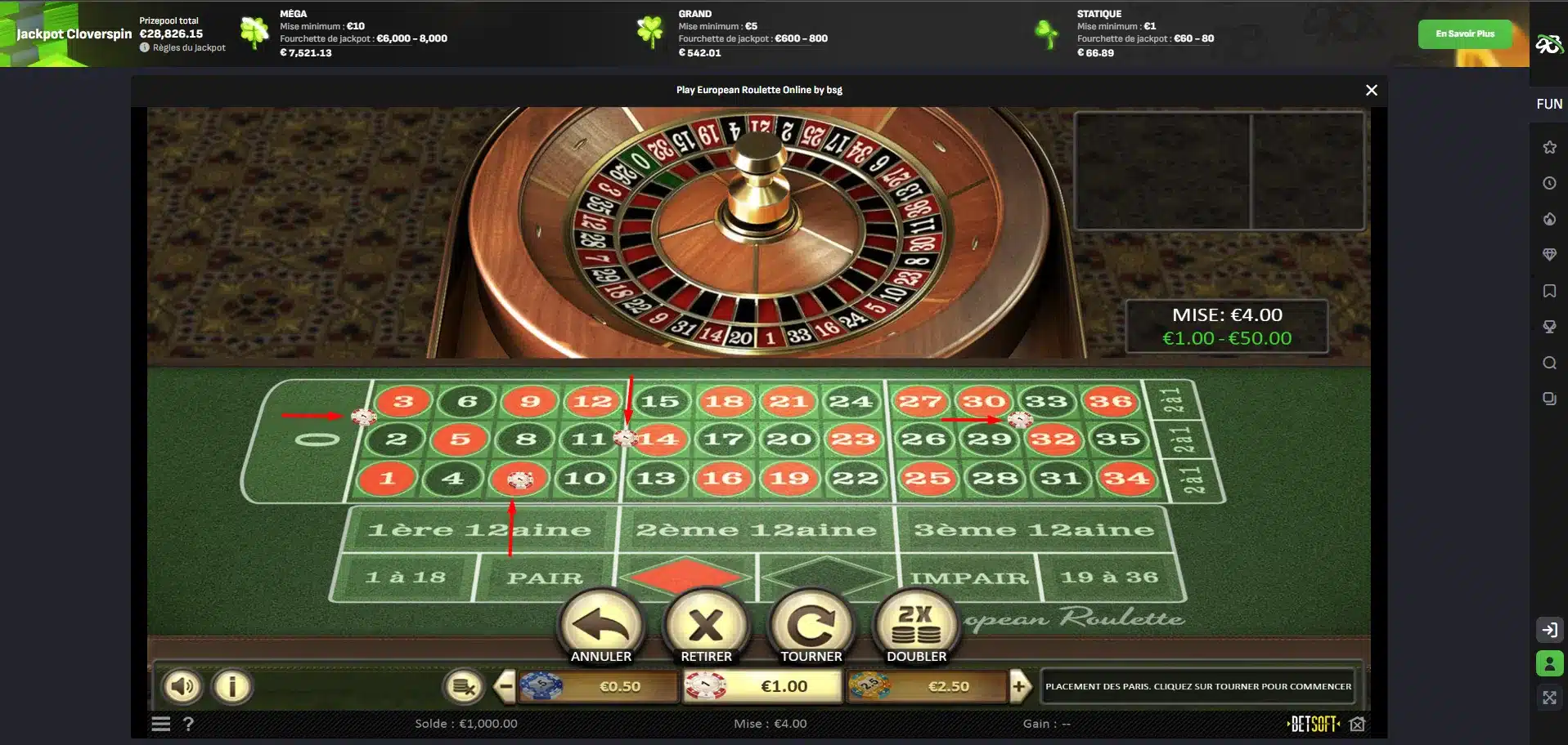 Inside bets roulette européenne