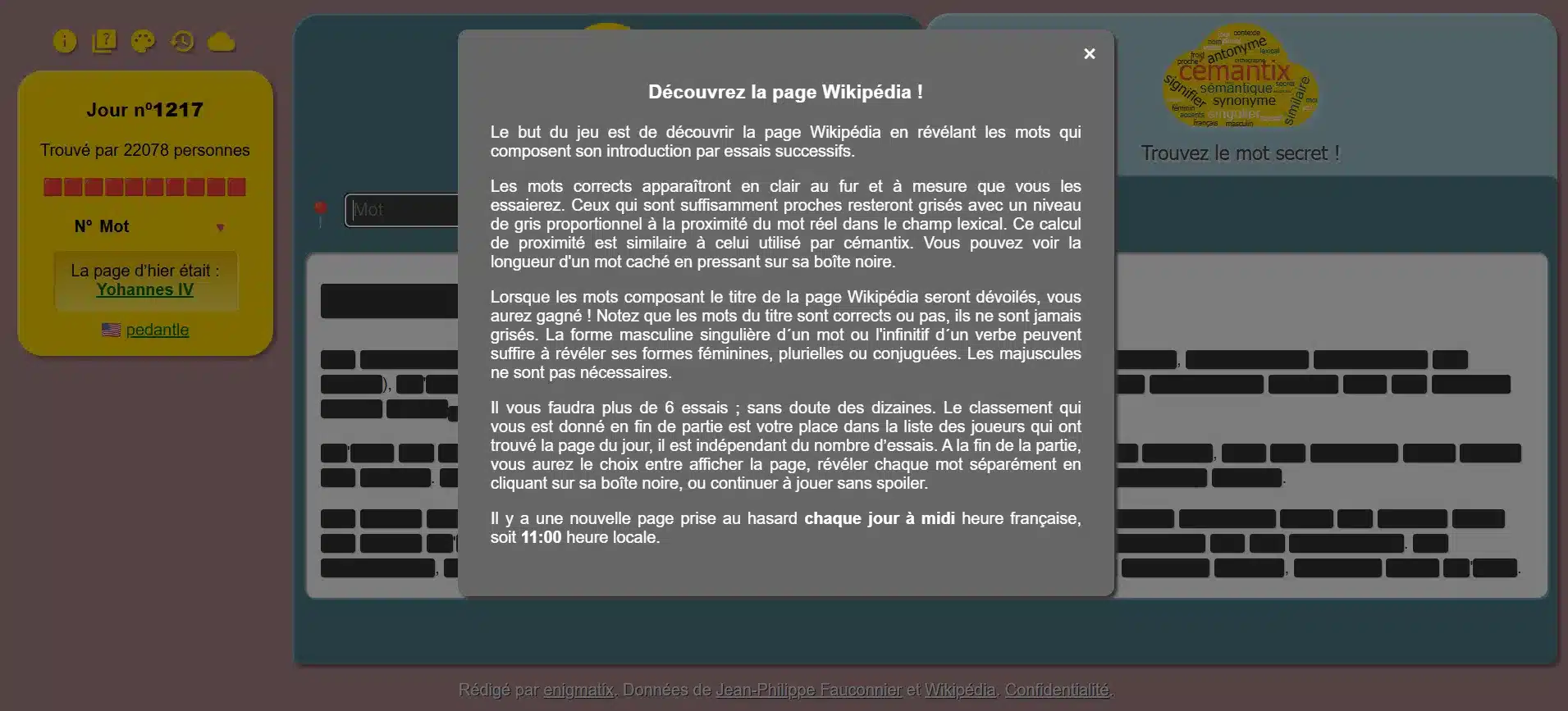 pedantix et sa page wikipedia à deviner règles