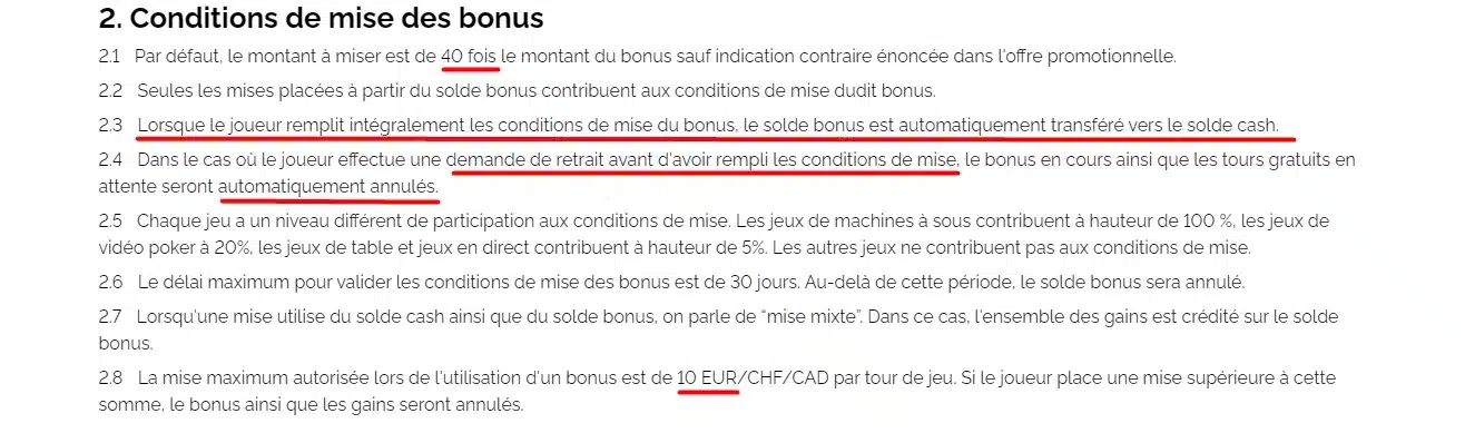 Conditions de mise pour les bonus