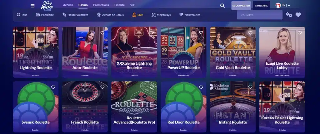 Les jeux de roulette live sur Shiny Wilds