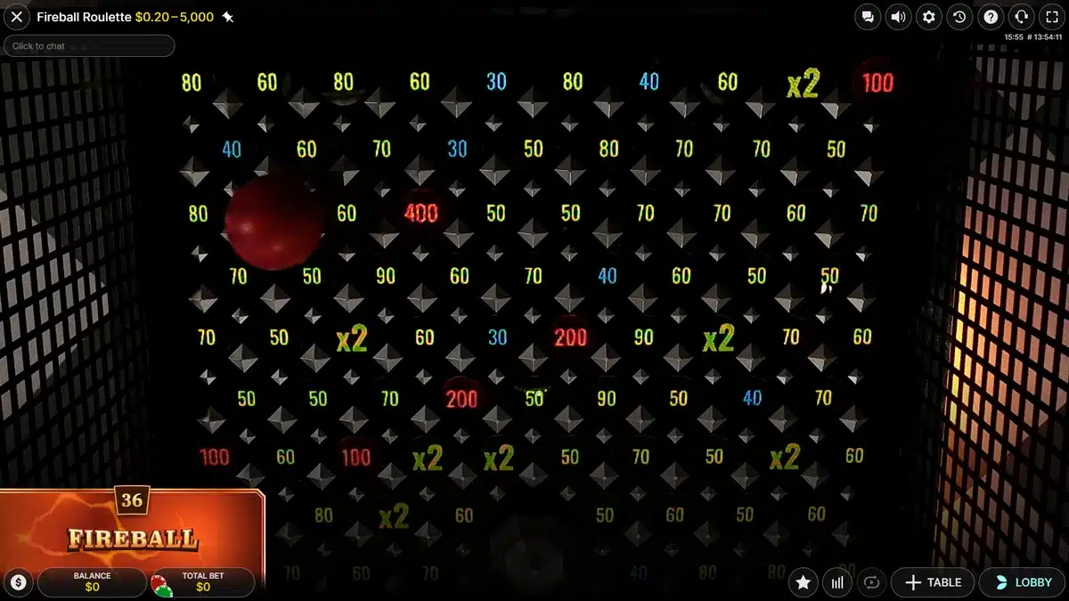 balle arrêtée sur la grille de fireball roulette