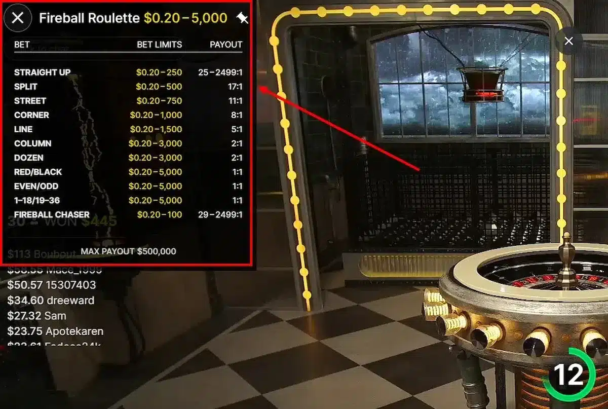 visu des mises sur fireball roulette