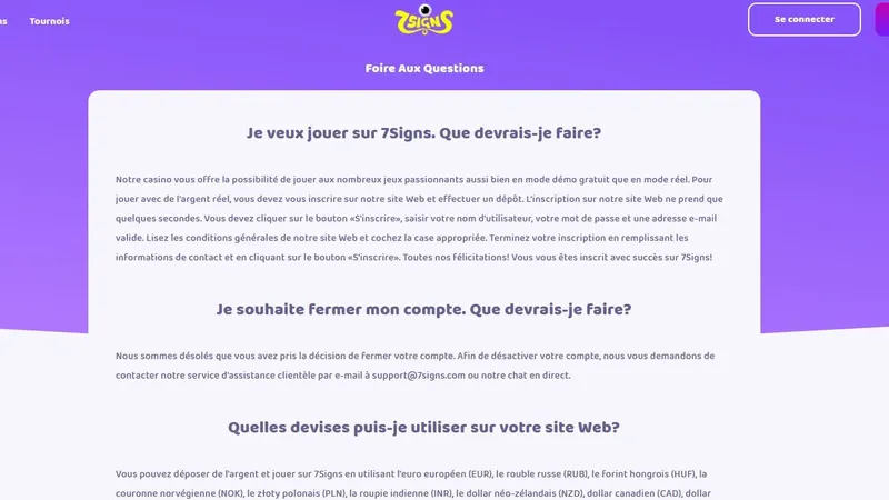 foire aux questions du casino en ligne 7signs support client