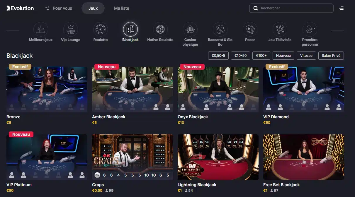 Brunocasino dispose de très nombreuses tables de jeu pour blackjack, roulette, etc