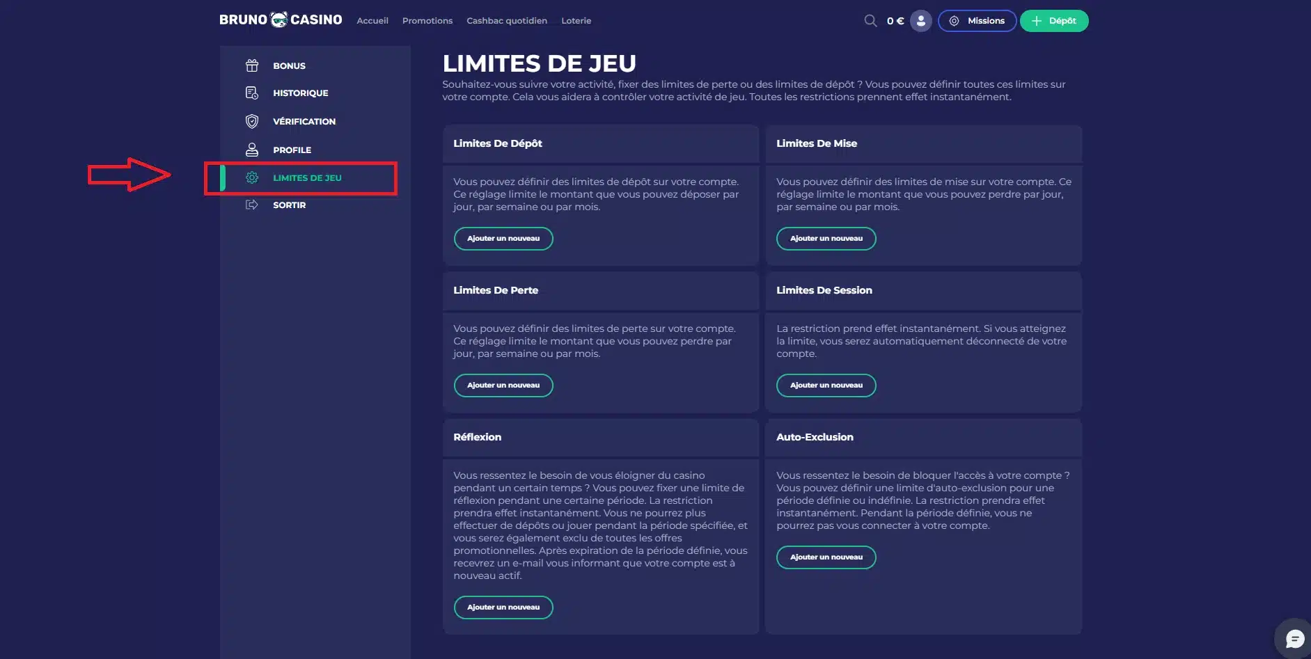 les limites de jeu sont nombreuses sur brunocasino