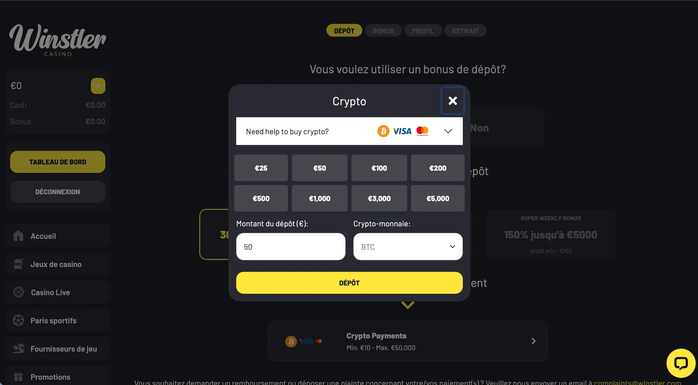 Effectuez votre dépôt en cryptomonnaie