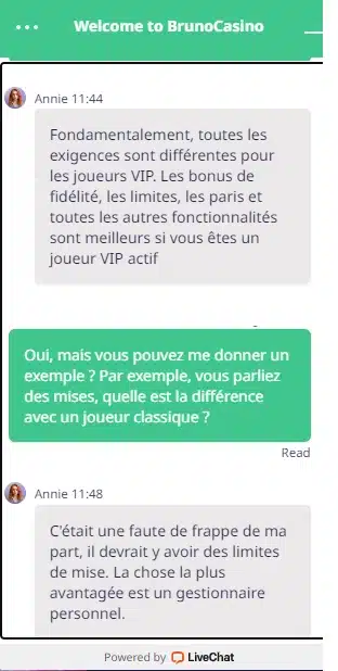 Conversation avec les CS du Brunocasino