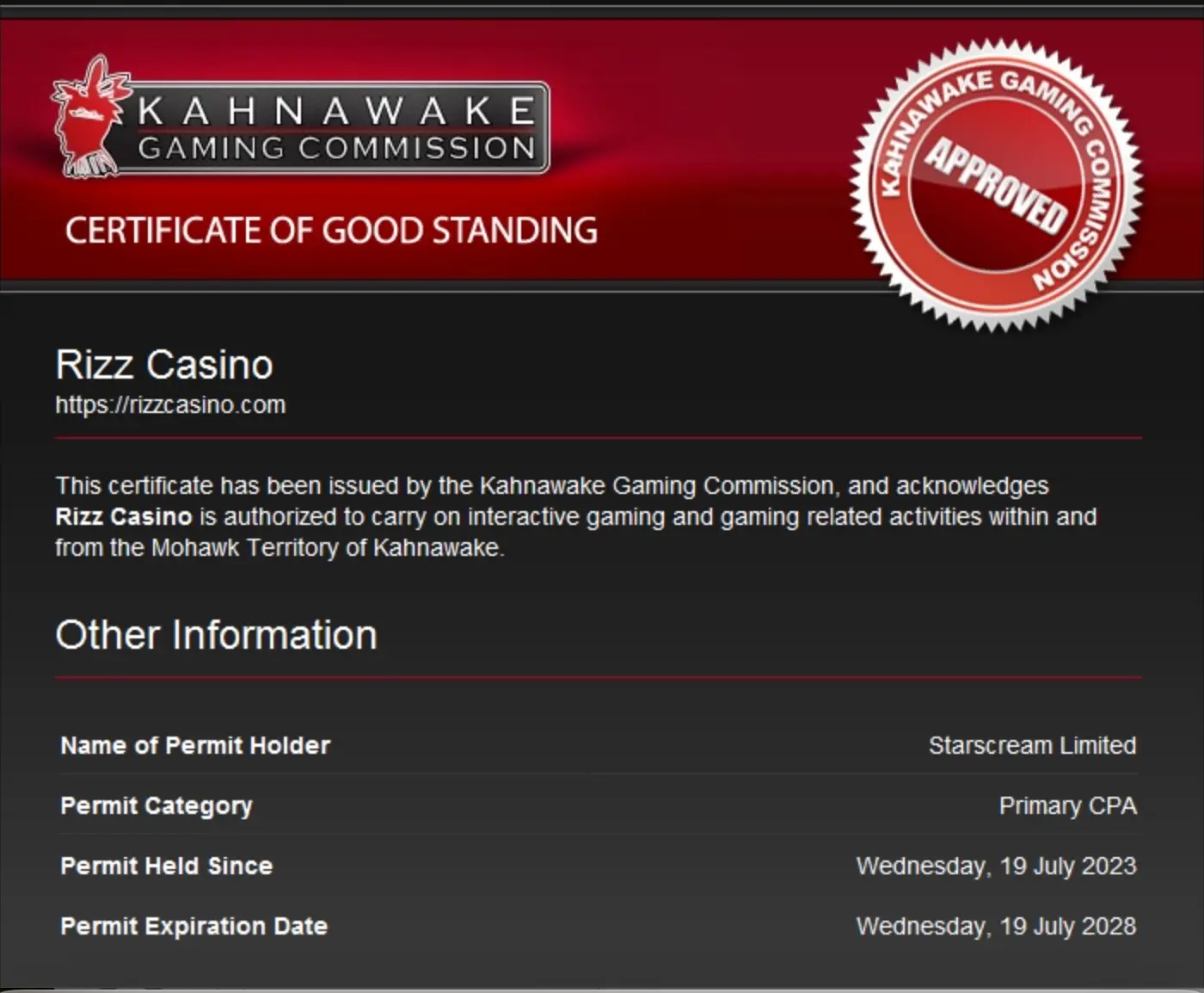 rizz casino licence