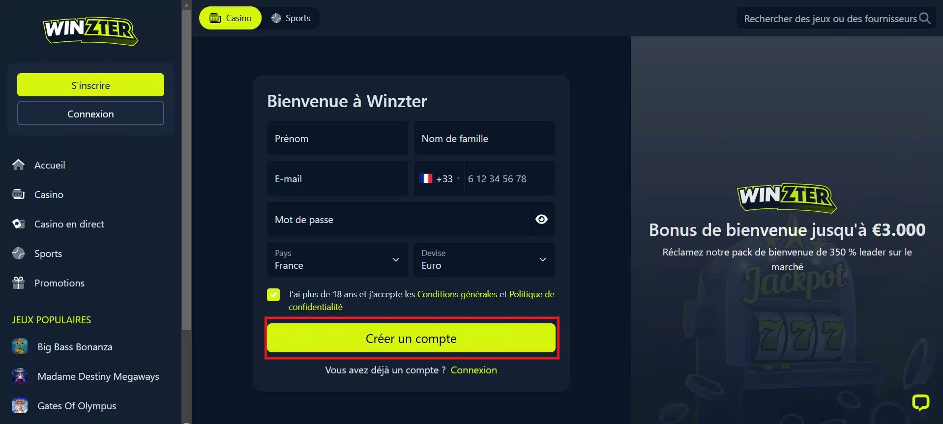 Informations à fournir pour s'inscrire sur Winzter