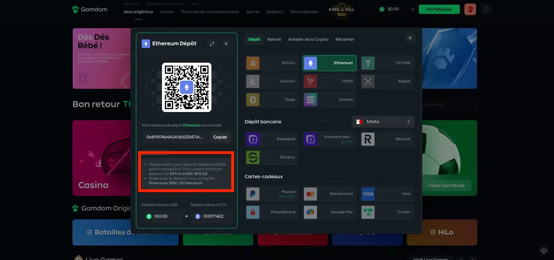 Dépot en crypto sur Gamdom