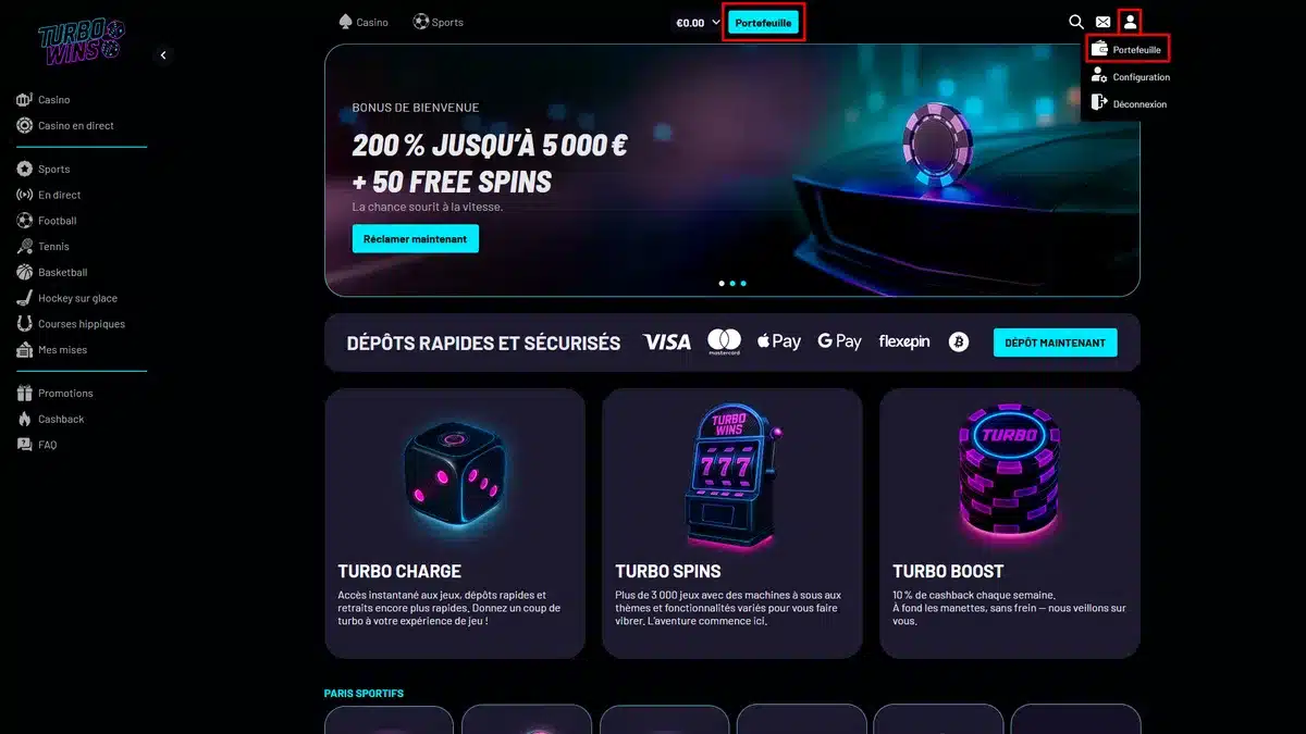 accès au portefeuille sur turbo wins