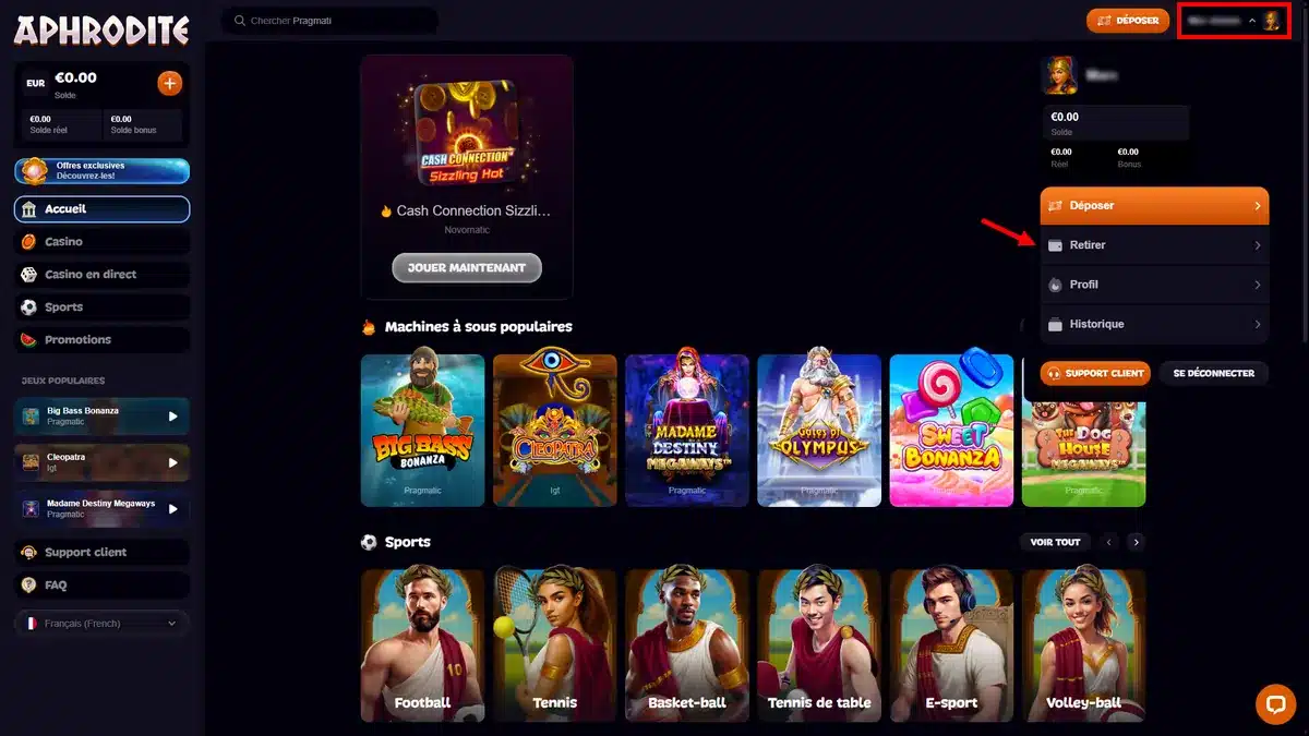 accès aux retraits sur aphrodite casino
