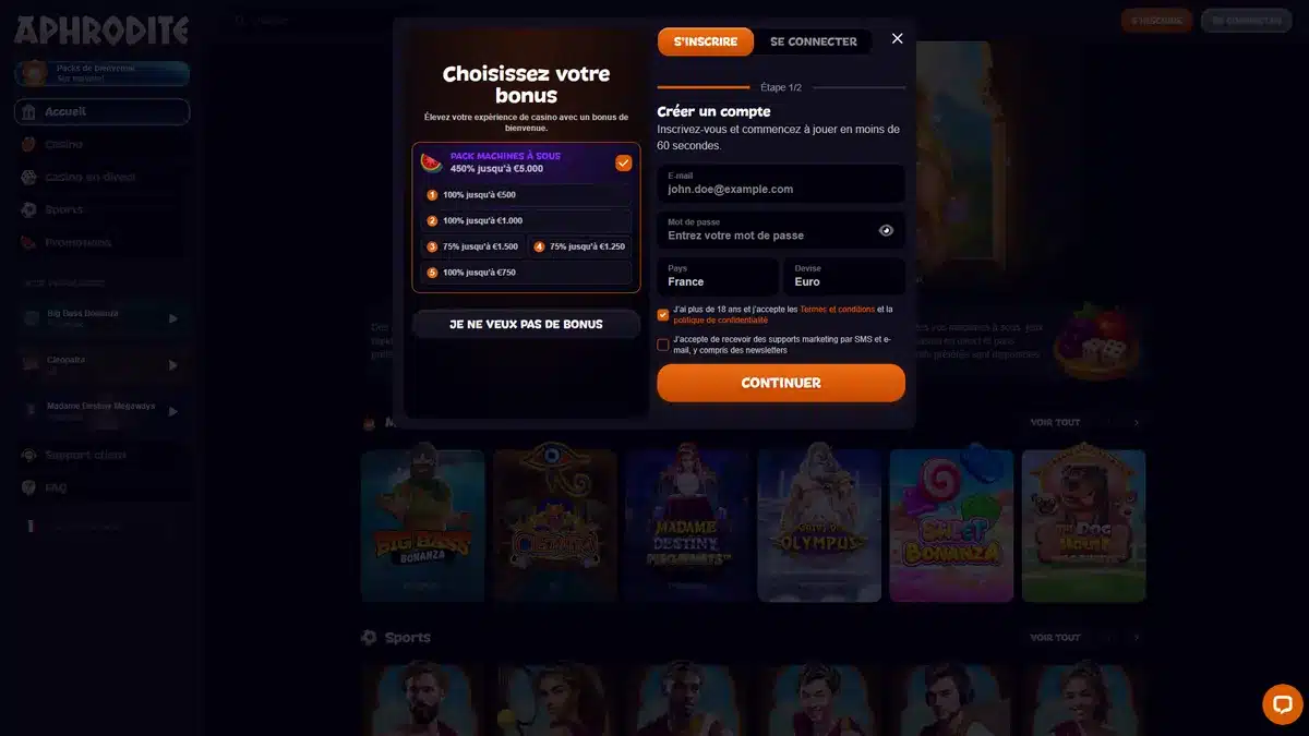 inscription sur aphrodite casino 2