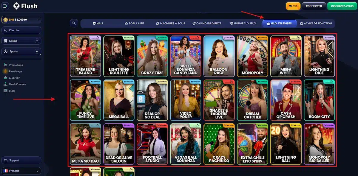 Catégorie pour accéder aux jeux télévisés sur Flush