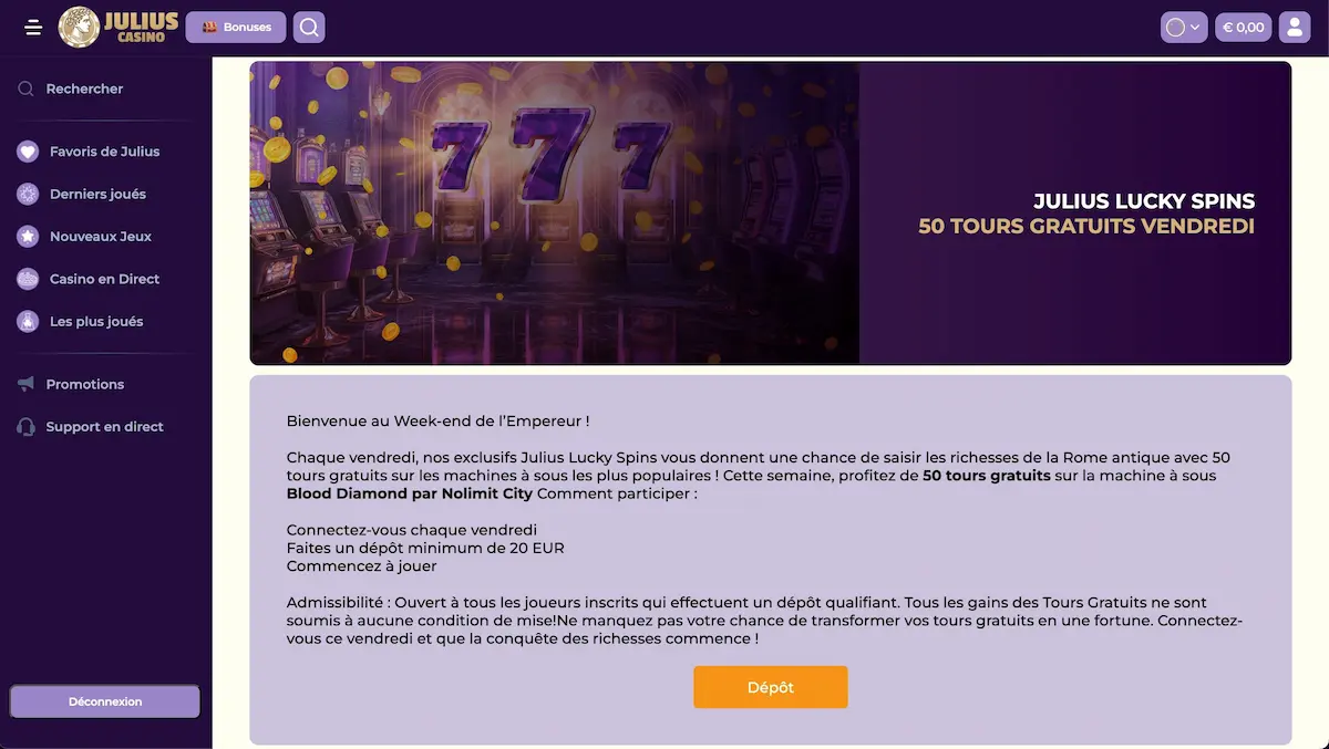 tours gratuits julius casino