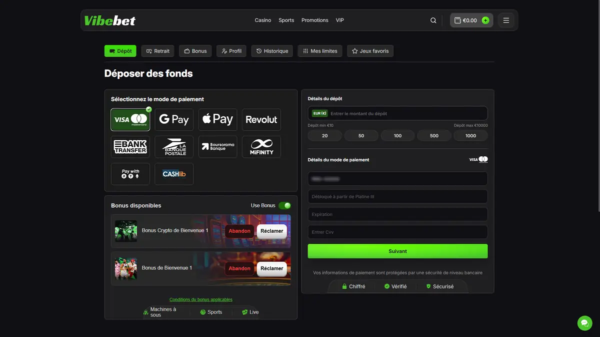 dépôts sur vibebet