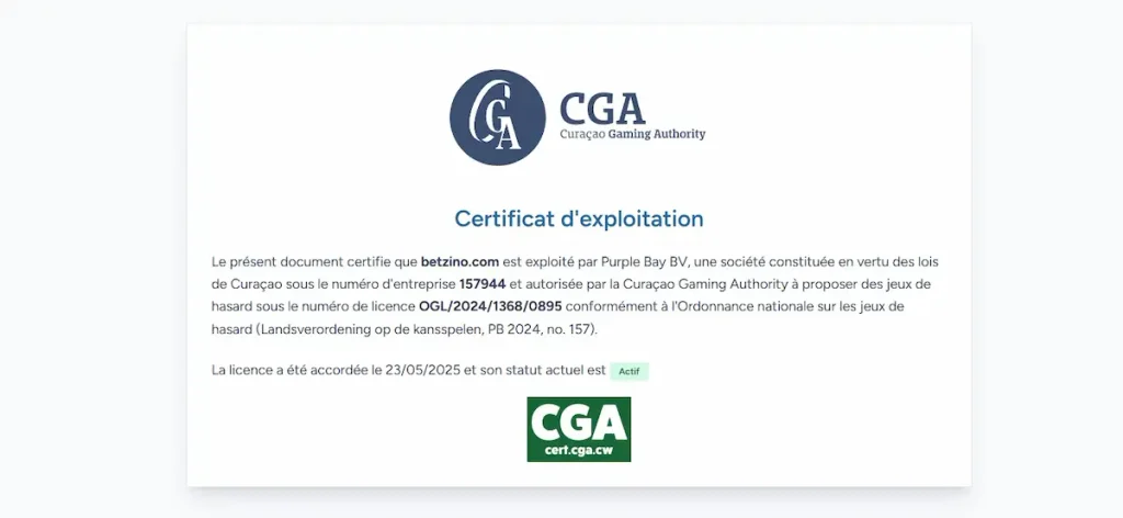 Licence de jeu Betzino casino