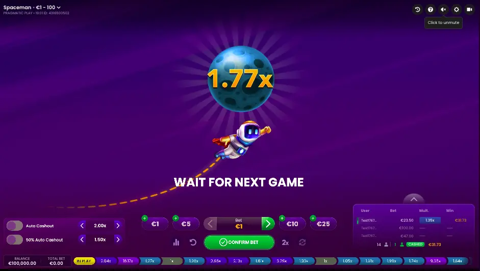 Partie du jeu Spaceman avec multiplicateur affiché