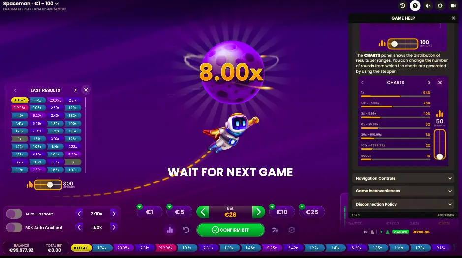 Écran du jeu Spaceman affichant les statistiques des parties