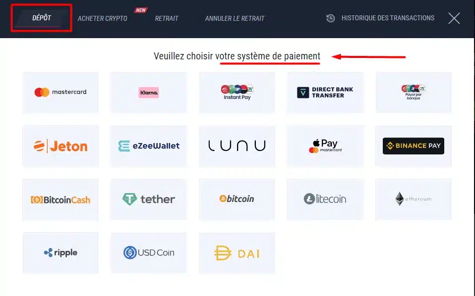 Dépôt choix méthode paiement
