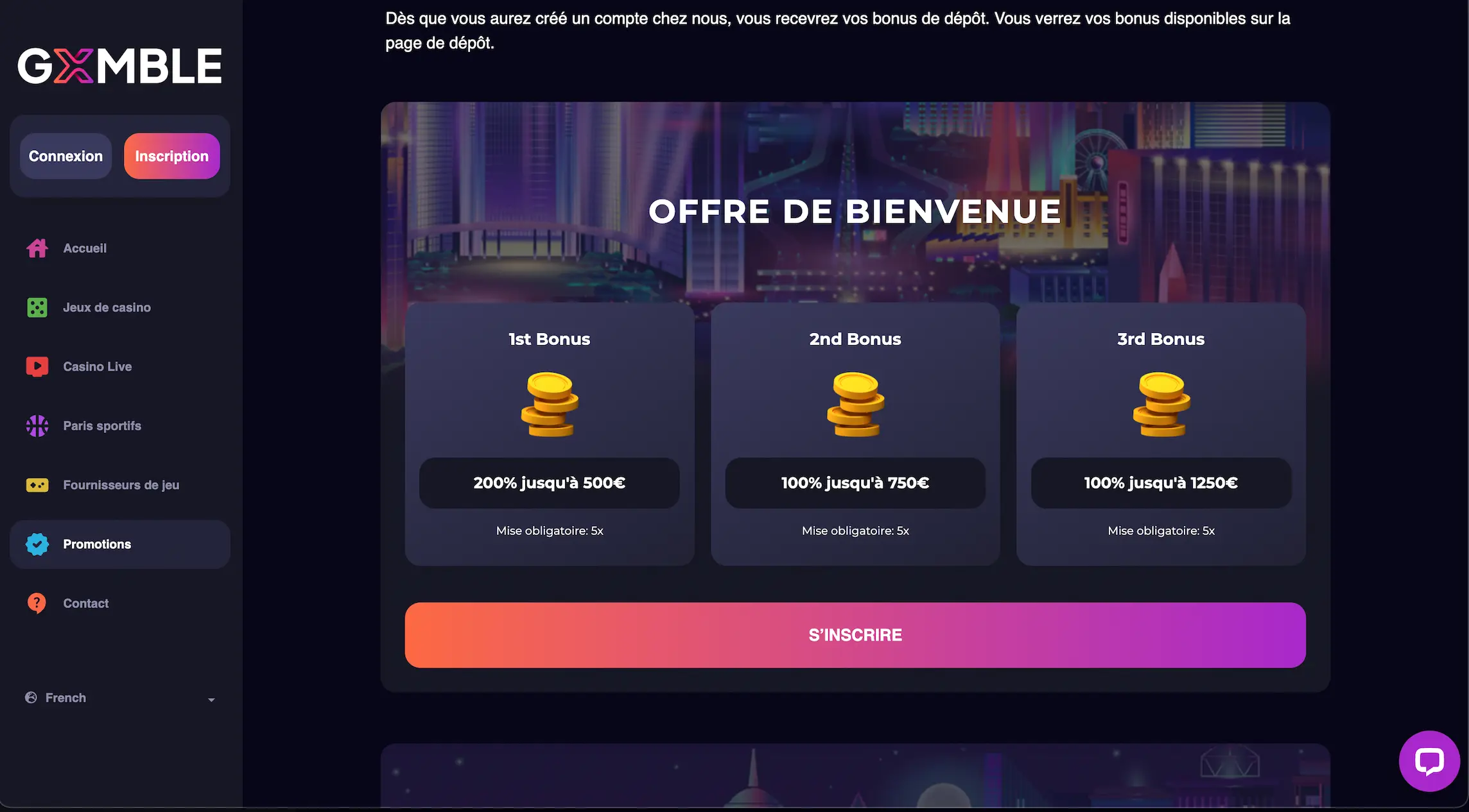 Le bonus de bienvenue de Gxmble s'applique sur vos trois premiers dépôts