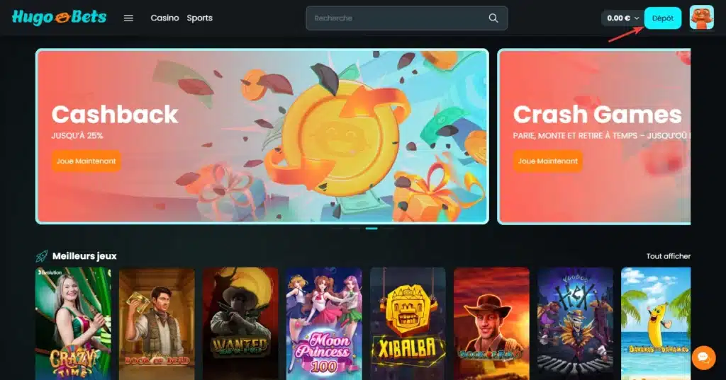 Bouton de dépôt sur le site du casino