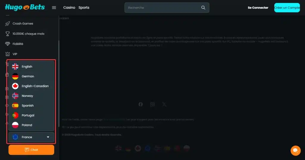 Langues disponibles sur le casino en ligne Hugo Bets