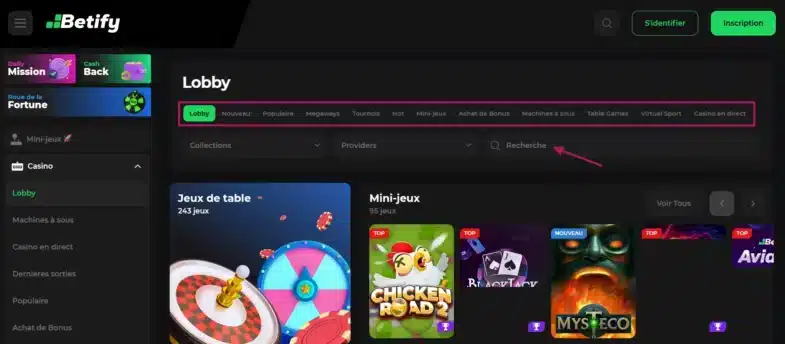 Betify variété de jeux proposés