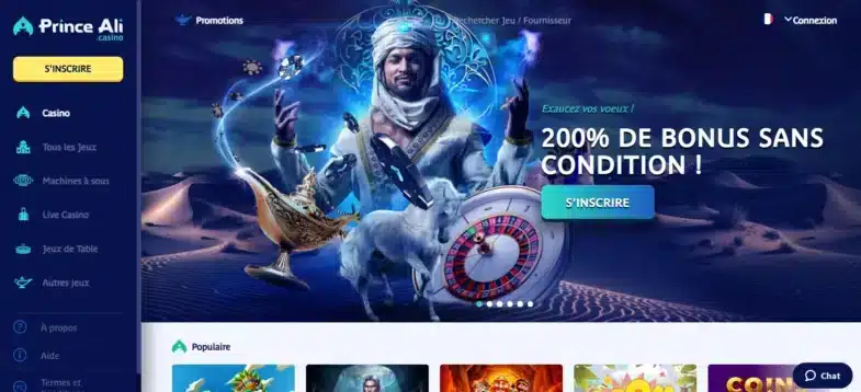 La page d'accueil de Prince Ali Casino