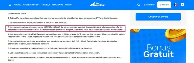 Le bonus de bienvenue sans wager de Millionz