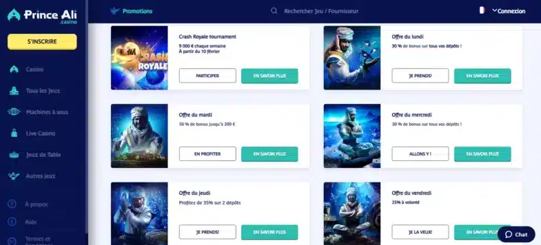 Les bonus réguliers de Prince Ali Casino