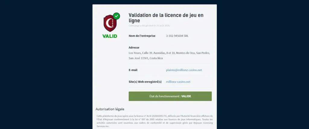 Sécurité, licence et fiabilité Millionz Casino