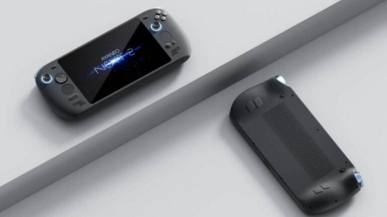 Console portable AyaNeo NEXT 2 avec ecran OLED et manettes integrees sur fond noir