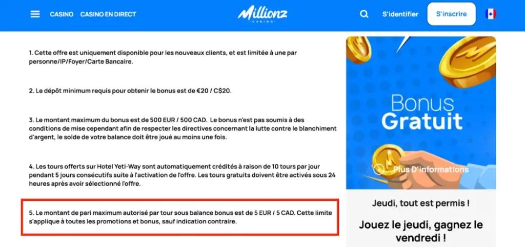 bonus-sans-wager-millionz-jeudi-bonus