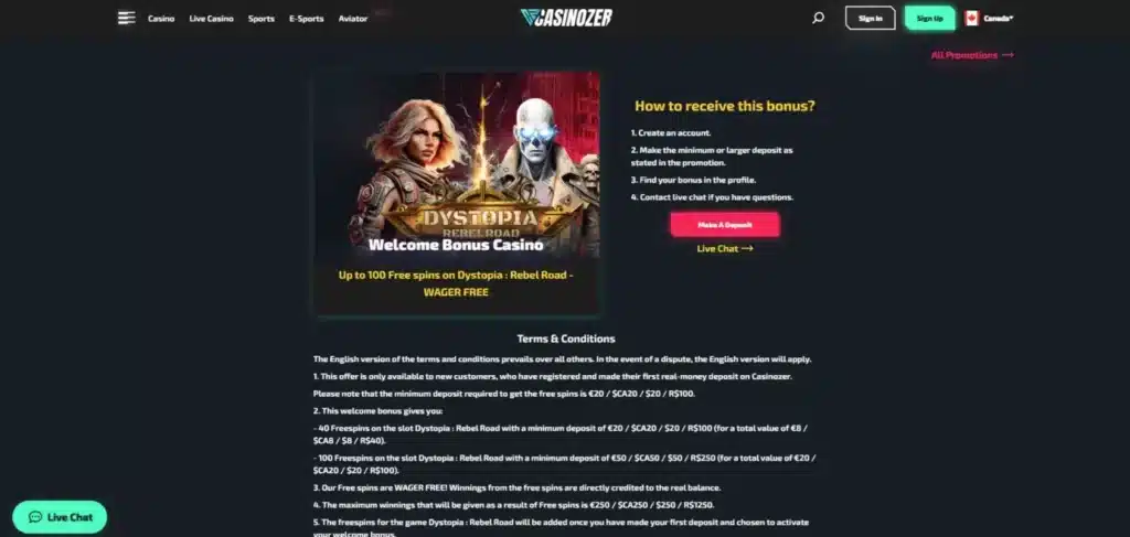 Interface du bonus de bienvenue Casinozer montrant les options de jeu