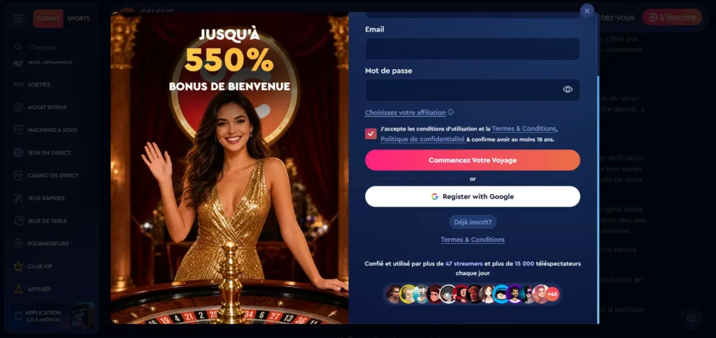 Inscription sur Celsius casino en argent réel