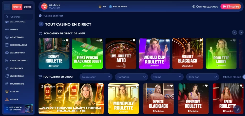 Jeux en direct live casino Celsius Casino