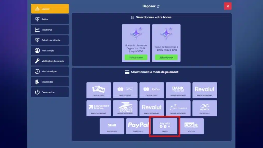 Dépôt crypto casino en ligne 10 euros minimum