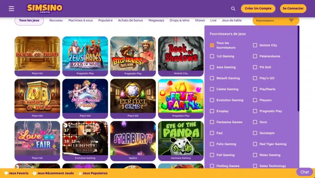 fournisseur de jeux simsino