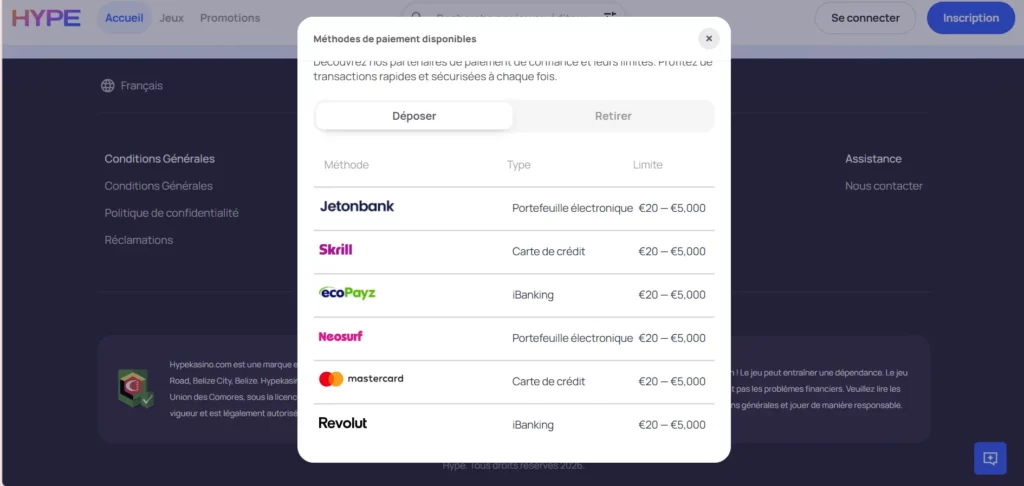 Méthodes de dépôt et conditions Hypekasino