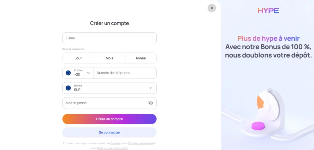 S'inscrire sur Hypekasino inscription rapide