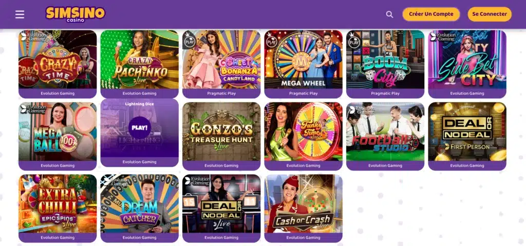 jeux live shows simsino