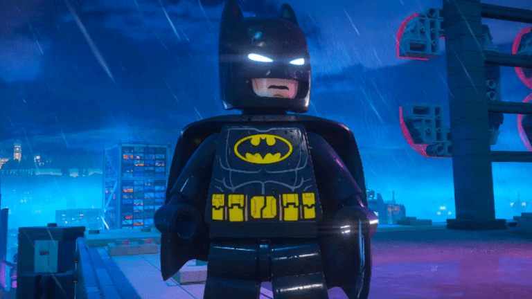 Visuel promotionnel de LEGO Batman L'Heritage du Chevalier Noir avec Batman en briques LEGO dans Gotham