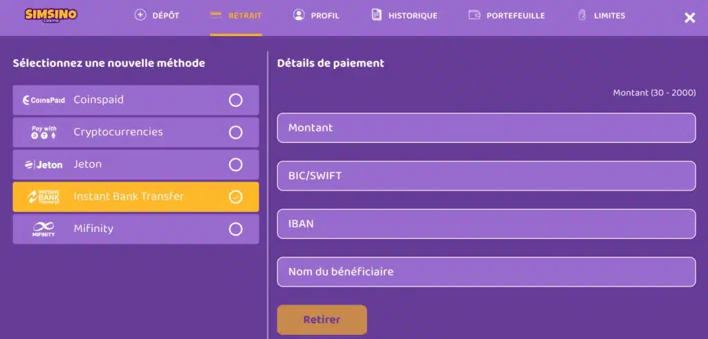 methode de retrait simsino