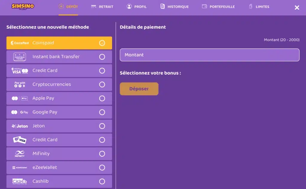 methodes de paiement simsino