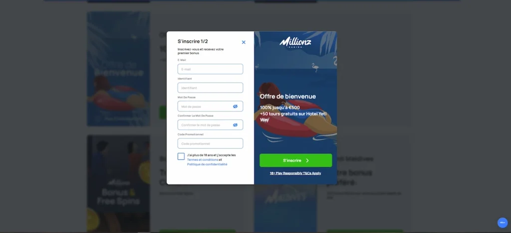 S'inscrire sur Millionz casino