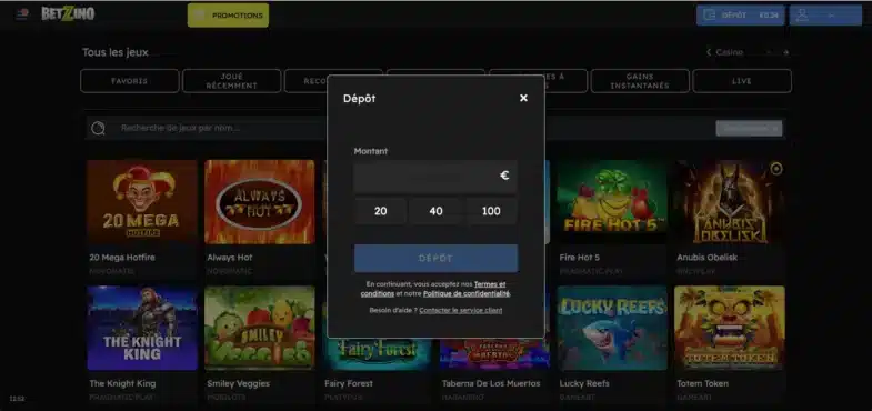 Montant recommandé à déposer sur Betzino