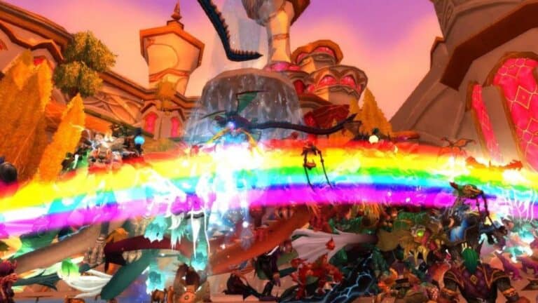 Capture d'ecran de World of Warcraft montrant l'evenement Darkspear Dash avec des trolls aux couleurs arc-en-ciel