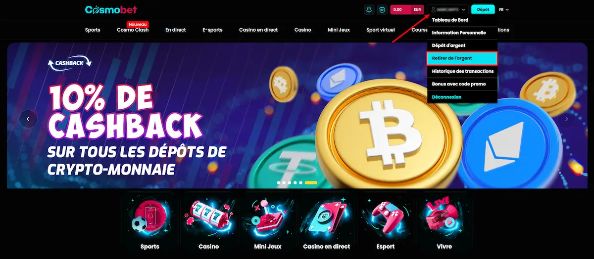 accès aux retraits sur cosmobet
