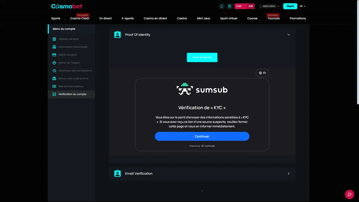 vérification kyc de cosmobet